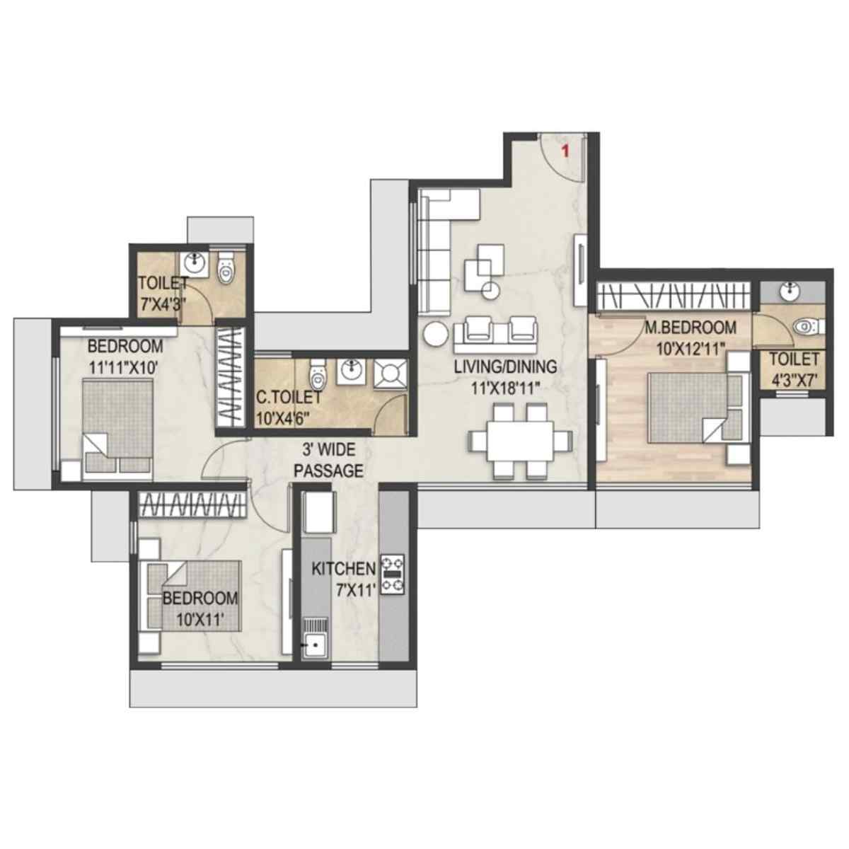 3 BHK - 835 sqft